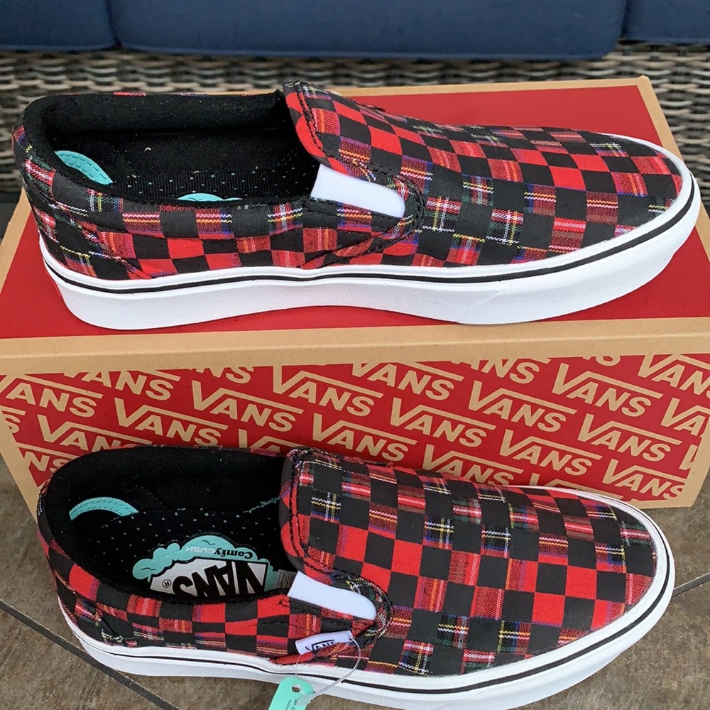 VANS COMFYCUSH SLIP ON PLAID CHECK RED/TRWHT WMNS - Picture 3 of 16